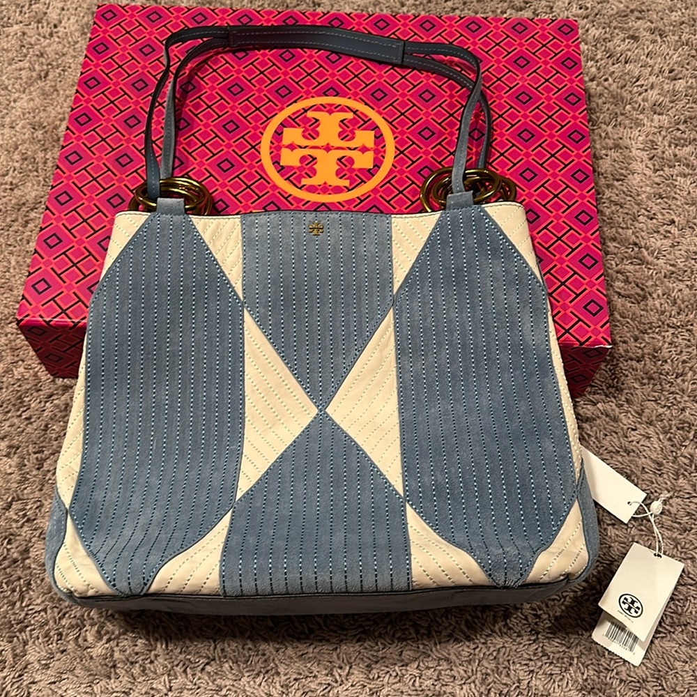 Tory Burch  Farrah patchwork tote bluebird, blue white suede Like new tags